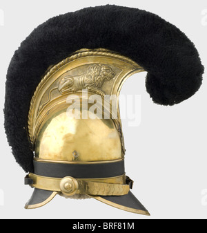 Ein Helm des Modells von 1814 für eingelistete Männer, im Garde du Corps-Regiment. Erhabener und polierter Messingschädel mit der Nummer '945' auf der Rückseite für den 94. Helm der 5th Squadron. Der Kammaufsatz ist mit einem liegenden Löwen geprägt, die königlichen Initialen "MJ" befinden sich auf der vorderen Platte des Kammaufsatzes. Band und Spitze sind statt Dichthaut mit Leder bezogen. Gestanzte Messingschlaufe. Gemalte Kakade. Leder-Sweatband und Leinenfutter. Metall-Chinskalen an seitlichen Schnallen. Das Wappen aus Kunstfell. Kamm und Schädel sind echt, die anderen Teile wurden kürzlich hergestellt. Vgl. Stockfoto