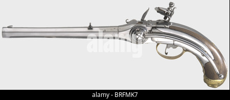 Ein verrochenes Paar von wiederholenden Flintlock Pistolen, Repliken im Stil von 1700.achteckige Fässer mit acht Nuten Rifling im Kaliber 11.6 mm, Eisen-Frontsiebe, und verzahnt hinteren Visiere.Iron Schloss Arbeit mit Breechblock Hebel auf der linken Seite.Walnuss Griffe mit Messing Knöpfen und Trigger guards.Länge von je 40 cm.in einem Schaum gefüttert Holz Koffer mit Zubehör und Schlüssel.Maße 45 x 30.5 x 11 cm.Funktionale (ungebrannt) Flintlock Pistolen mit den gleichnamigen Lorenzoni Aktionen, exquisit mit Liebe zum Detail gemacht.Historisch,historisch,18. Jahrhundert,zusätzliche-Rechte-Clearences-nicht verfügbar Stockfoto