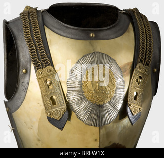 Ein Helm und ein Cuirass für Karabinier Offiziere. Ein 1856 Helm mit einem Tombac Schädel, vergoldeten Kamm mit geformten Design und einem roten Rosshaar Wappen.Nickel-Silber-Platte mit einem flammenden Granate Overlay.Metall Kinnriemen aus fein geriffelten Gliedern auf Rosetten mit einem überlagernden Stern.Front und Rückseite Spitzen mit Leder gefüttert.der Schädel ist leicht verbeult in Richtung Die Oberseite und es gibt zwei alte, geschlossene Löcher in der Nähe des Kamms auf der Innenseite.die Haube ist stellenweise gebrochen und unprofessionell mit Draht befestigt.die Lederunterlage für den Kinnriemen und das Futter sind etwas ausgetrocknet.,Zusatz-Rechte-Clearences-nicht verfügbar Stockfoto