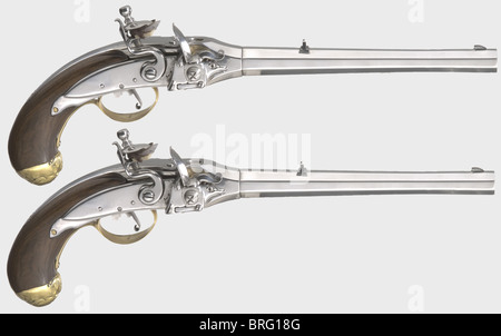 Ein verrochenes Paar von wiederholenden Flintlock Pistolen, Repliken im Stil von 1700.achteckige Fässer mit acht Nuten Rifling im Kaliber 11.6 mm, Eisen-Frontsiebe, und verzahnt hinteren Visiere.Iron Schloss Arbeit mit Breechblock Hebel auf der linken Seite.Walnuss Griffe mit Messing Knöpfen und Trigger guards.Länge von je 40 cm.in einem Schaum gefüttert Holz Koffer mit Zubehör und Schlüssel.Maße 45 x 30.5 x 11 cm.Funktionale (ungebrannt) Flintlock Pistolen mit den gleichnamigen Lorenzoni Aktionen, exquisit mit Liebe zum Detail gemacht.Historisch,historisch,18. Jahrhundert,zusätzliche-Rechte-Clearences-nicht verfügbar Stockfoto