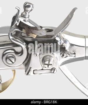 Ein verrochenes Paar von wiederholenden Flintlock Pistolen, Repliken im Stil von 1700.achteckige Fässer mit acht Nuten Rifling im Kaliber 11.6 mm, Eisen-Frontsiebe, und verzahnt hinteren Visiere.Iron Schloss Arbeit mit Breechblock Hebel auf der linken Seite.Walnuss Griffe mit Messing Knöpfen und Trigger guards.Länge von je 40 cm.in einem Schaum gefüttert Holz Koffer mit Zubehör und Schlüssel.Maße 45 x 30.5 x 11 cm.Funktionale (ungebrannt) Flintlock Pistolen mit den gleichnamigen Lorenzoni Aktionen, exquisit mit Liebe zum Detail gemacht.Historisch,historisch,18. Jahrhundert,zusätzliche-Rechte-Clearences-nicht verfügbar Stockfoto