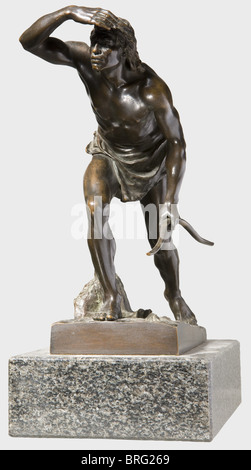 Josef Drischler (1838 - 1917) - eine prähistorische Jäger., Figur aus Bronze, prähistorische Jäger mit Lendenschurz, mit einem Bogen in der Hand und auf der Suche nach Spiel. Auf einer rechteckigen Basis, bezeichnet "J. Drischler', grau-schwarzem Marmor Sockel. Höhe 32 cm. Drischler arbeitete in Berlin und vor allem auf das Genre. 1880 und 1892, die er in den Ausstellungen der Akademie der bildenden Künste teilgenommen. Bildende Kunst, Menschen, aus dem 19. Jahrhundert, bildende Kunst, Kunst, Statue, Figur, Figuren, Statuetten, Skulptur, Skulpturen, Objekt, Objekte, Stills, Clipping, Clippings, Ausschneiden, c, Artist's Urheberrecht nicht gelöscht werden Stockfoto