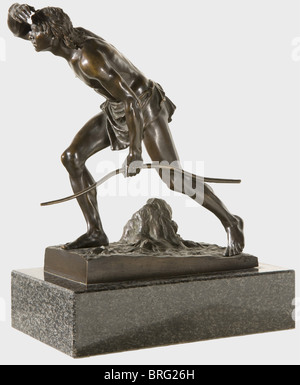 Josef Drischler (1838 - 1917) - eine prähistorische Jäger., Figur aus Bronze, prähistorische Jäger mit Lendenschurz, mit einem Bogen in der Hand und auf der Suche nach Spiel. Auf einer rechteckigen Basis, bezeichnet "J. Drischler', grau-schwarzem Marmor Sockel. Höhe 32 cm. Drischler arbeitete in Berlin und vor allem auf das Genre. 1880 und 1892, die er in den Ausstellungen der Akademie der bildenden Künste teilgenommen. Bildende Kunst, Menschen, aus dem 19. Jahrhundert, bildende Kunst, Kunst, Statue, Figur, Figuren, Statuetten, Skulptur, Skulpturen, Objekt, Objekte, Stills, Clipping, Clippings, Ausschneiden, c, Artist's Urheberrecht nicht gelöscht werden Stockfoto