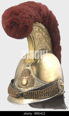 Ein Helm und ein Cuirass für Karabinier Offiziere. Ein 1856 Helm mit einem Tombac Schädel, vergoldeten Kamm mit geformten Design und einem roten Rosshaar Wappen.Nickel-Silber-Platte mit einem flammenden Granate Overlay.Metall Kinnriemen aus fein geriffelten Gliedern auf Rosetten mit einem überlagernden Stern.Front und Rückseite Spitzen mit Leder gefüttert.der Schädel ist leicht verbeult in Richtung Die Oberseite und es gibt zwei alte, geschlossene Löcher in der Nähe des Kamms auf der Innenseite.die Haube ist stellenweise gebrochen und unprofessionell mit Draht befestigt.die Lederunterlage für den Kinnriemen und das Futter sind etwas ausgetrocknet.,Zusatz-Rechte-Clearences-nicht verfügbar Stockfoto