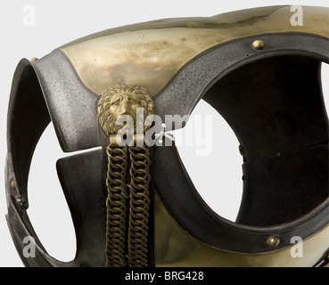 Ein Helm und ein Cuirass für Karabinier Offiziere. Ein 1856 Helm mit einem Tombac Schädel, vergoldeten Kamm mit geformten Design und einem roten Rosshaar Wappen.Nickel-Silber-Platte mit einem flammenden Granate Overlay.Metall Kinnriemen aus fein geriffelten Gliedern auf Rosetten mit einem überlagernden Stern.Front und Rückseite Spitzen mit Leder gefüttert.der Schädel ist leicht verbeult in Richtung Die Oberseite und es gibt zwei alte, geschlossene Löcher in der Nähe des Kamms auf der Innenseite.die Haube ist stellenweise gebrochen und unprofessionell mit Draht befestigt.die Lederunterlage für den Kinnriemen und das Futter sind etwas ausgetrocknet.,Zusatz-Rechte-Clearences-nicht verfügbar Stockfoto