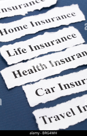 Überschrift der Versicherungspolice, Leben; Gesundheit, Auto, Reisen, zu Hause, für den Hintergrund Stockfoto