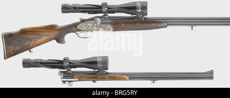 Ein herrliches über-und-unter Gewehr mit austauschbaren Fässern, Martin Kruschitz in Wien, um 1990.Nummer 1357/58.63.Fässer im Kaliber 7.65 R.Zweiter Satz im Kaliber 8 x 7.65 R und Spurweite 12/70.Rahmen und Schlösser sind gemeißelt und mit hochwertiger Dekoration graviert.manuell abnehmbare Holland & Holland Seitenschlösser mit Spannanzeigen.die Schlossmechanismen sind teilweise vergoldet.die Trigger Guard trägt das Monogramm "BT".Ejectors.Double Set Trigger.Double Sicherheit.wunderschön gemustert Nussbaum Stock mit Öl-Finish und feine Checkering.beide Paare von b, Additional-Rights-Clearences-nicht verfügbar Stockfoto