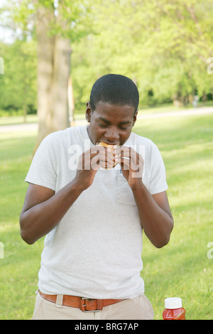 ein junger Erwachsener zwanzig Mann einen Hamburger Essen im Park im Sommer Stockfoto