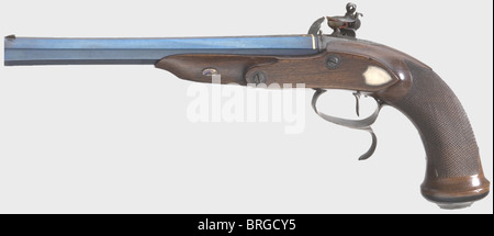 Ein verrostes Paar Flintlock Pistolen, Franz Ulrich, Bern, um 1800. Achteckige, leicht überflutete (reblued) Läufe mit Lackbrechern und Micronut-Rifling im Kaliber 12 mm. Eine goldgefüllte Markierung (Stöckel, Nr. 8382)auf der Kammer jeder Waffe. Verschachelte silberne Frontsicht, die Spitzen der Fässer sind eingraviert 'Ulrich a Berne'. Goldfarbene Belüftungsöffnungen. Flintlocks mit wasserdichten Pfannen, Frizzens mit Rollen und zusätzliche Unterschriften. Single Set Trigger. Walnusshalbschäfte mit karierten Hintern und leicht gravierten Eisenmöbeln. Länge von je 38 cm. In einem Ersatz, zusätzliche-Rechte-Clearences-nicht verfügbar Stockfoto