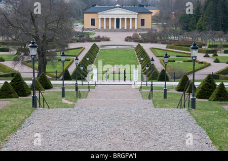 Botanischer Garten der Universität Uppsala betrachtet von der Burg. Stockfoto