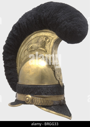 Ein Helm 1814 für Männer, die in der Garde du Corps Regiment eingetragen sind, ist mit einem eingravierten Löwen versehen, und die königlichen Initialen "MJ" befinden sich auf der Frontplatte des Squadron.Com. Helms mit der Nummer "935" auf der Rückseite des 93. Helms des 5.   b Kamm.das Band und Krempe sind mit Sealskin.Stampfed Messing Schlaufe.Silber überzogene Kakaden.Leder Schweißband und Leinen Futter.Metall Kinnskalen an den Seitenschnallen, ihre Lederrückseite wurde offenbar für die hundertjährigen Zeremonien ersetzt.die schwarze, Stroh gefüllt, Schaffell Wappen i,Additional-Rights-Clearences-nicht verfügbar Stockfoto