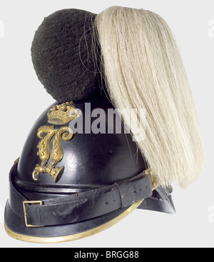 Ein Modell 1868 Helm für Männer, die sich für die Royal Bavarian Chevaulegers EINFINDEN, EIN Lederschädel mit dem Herstellerlabel 'Christian Block München'. Messingbefestigungen. Die "L"-Chiffre ist von Offiziersqualität mit Überresten der Vergoldung. Männer-Kakade. Kinnriemen an Löwenköpfen. Lederfutter. Original Wollwappen. Weiße, hängende Rosshaar-Plume in der Post 1873 Form. Möglicherweise der Besitz eines NCO nach 1879. Schöner Zustand. Vgl. Seibold/Schulz,die Helme der kgl. Bayerische Armee,p. 64 ff.,historisch,historisch,19. Jahrhundert,Bayern,bayerisch,deutsch,Germ,Zusatzrechte-Clearences-nicht vorhanden Stockfoto