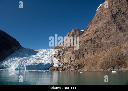 Grönland, Süd-und Ostküste, Skjoldungen-Fjord. Zurückweichenden Gletscher. Stockfoto