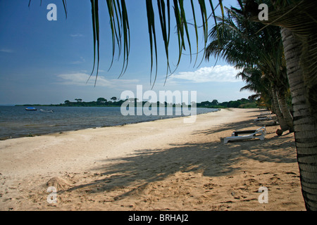 Blick auf einen Strand auf Bulago Insel im Viktoriasee, Uganda, mit Boote vor Anker in der Bucht Stockfoto