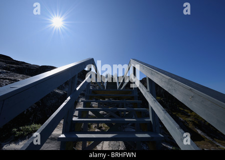 Holztreppe, Ilulissat, Diskobucht, Grönland Stockfoto