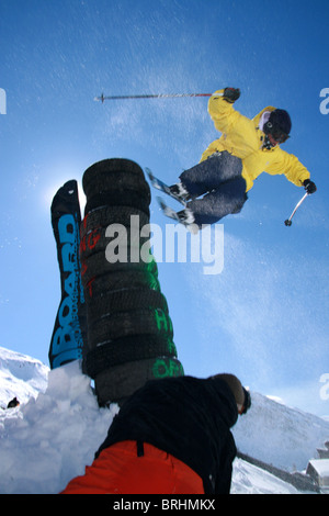 Skifahrer auf den großen Tag der Xbox in Val d ' Isere Stockfoto