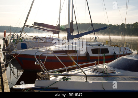 Nebel und Frost auf festgemachten Booten im Sonnenlicht Stockfoto