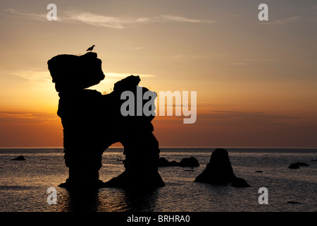 Erodierte Seastacks in Gamla Hamnøya bei Sonnenuntergang in Fårö, Schweden Stockfoto