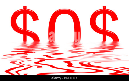 Dollar sinkt mit SOS-signal Stockfoto
