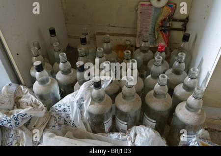 Viele leere Wodka Flaschen in einer verlassenen Wohnung, in einer dicken Schicht Staub bedeckt Stockfoto