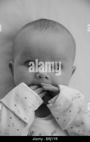 3 Monate altes Babymädchen saugen Finger schwarz & weiß mit blauen Augen Stockfoto