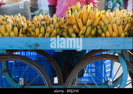 Indische Bananen auf einem Wagen auf der Straße. Puttaparthi, Andhra Pradesh, Indien Stockfoto