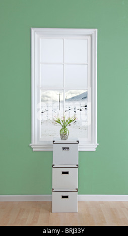 Boxen mit Blumen an der Spitze in einem Raum und Schnee aus dem Fenster Stockfoto