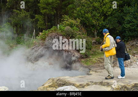 San Miguel, Azoren, Portugal. Inspektion eines kochenden Pools im Terra Nostra Park in Furnas, San Miguel, Azoren, Portugal. Stockfoto