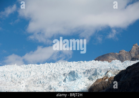 Grönland, Prinz Christian Sund (aka Prins Christian Sund). Zurückweichenden Gletscher im grönländischen Fjord, oberen Gletscher Detail. Stockfoto