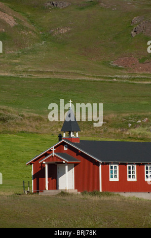 Grönland, Eriks Fjord (aka Eriksfjord), Brattahlid (aka Qassiarsuk). Modernen Dorfkirche. Stockfoto