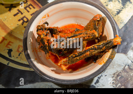 Buschfleisch: Eine gekochte Fledermaus aus afrikanischen strohfarbenen Früchten (Eidolon helvum) in einem ländlichen Straßenrestaurant, Ondo State, Nigeria. Stockfoto