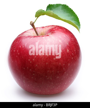 Reifer roter Apfel mit einem Blatt. Isoliert auf weißem Hintergrund. Stockfoto