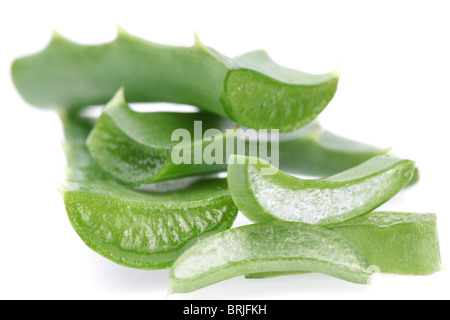 Stücke von Aloe Vera. Isoliert auf weißem Hintergrund. Stockfoto