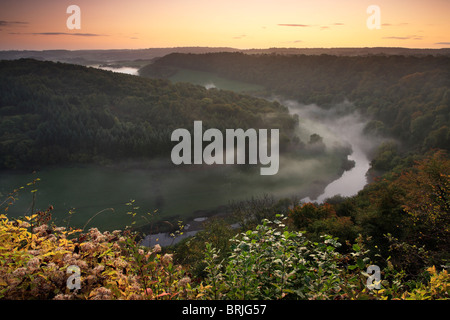 Einem nebligen Herbstmorgen über den River Wye, wie aus Symonds Yat in Gloucestershire Stockfoto