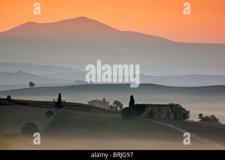 Vor Sonnenaufgang Licht über das Val D'Orcia unter die Silhouette des Mt Amiata in der Ferne Stockfoto