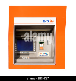 Niederländischen ING-Bank ATM Maschine in Holland Niederlande, mit Cirrus Maestro MasterCard und Visa. Ausschnitt ausschneiden Ausschnitt isoliert Stockfoto