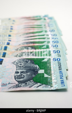 malaysische Ringgit, Währungen in Malaysia, Stückelung von RM50, geringe Schärfentiefe. Stockfoto