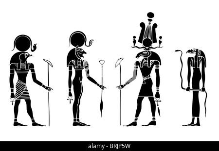 verschiedene Götter des alten Ägypten - Ra, Bastet, Khensu und Priesterin des Gottes Amon Stockfoto