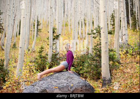 Eine junge Frau führt eine Yoga-Pose auf einem Felsen im Big Cottonwood Canyon in der Nähe von Salt Lake City, UT. Stockfoto