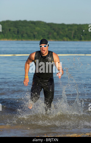 Eine männliche Athlet läuft das Wasser beim Training für einen Triathlon. Stockfoto