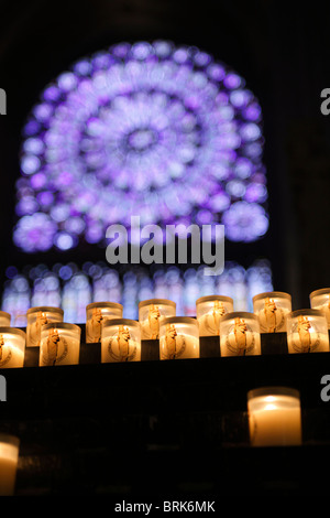 Kerzen vor dem großen Glasfenster von Notre Dame in Paris Stockfoto