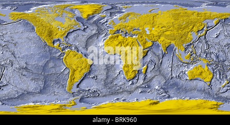 Weltkarte, schattierten Relief mit schattigen Meeresboden.  Landflächen in gelb gefärbt. Stockfoto