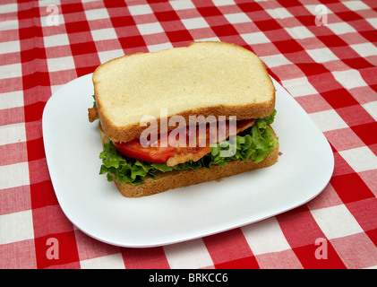 komplette ganze blt-Sandwich auf einem weißen Teller mit rotem aufgegebenes Stockfoto