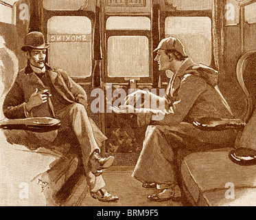 Sepia getönten Bild von Sherlock Holmes und Dr. Watson Reisen mit dem Zug nach Devon in die Abenteuer von Silver Blaze. Stockfoto