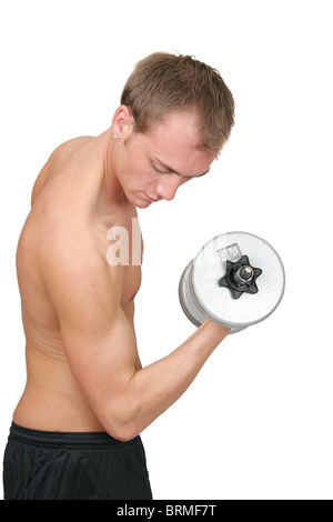 ein junger passen Kerl Heben von Gewichten über weißen biegen Stockfoto
