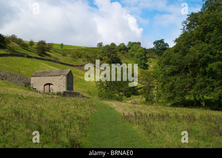 Landschaft mit einer stillgelegten Scheune neben Skyreholme Beck in der Nähe von Parcevall Halle nr Wharfedale North Yorkshire Stockfoto