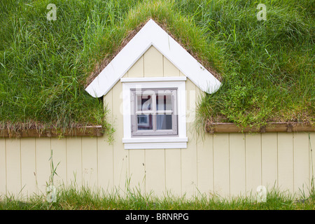 Ein grünes überdachten Haus in Siglufjordur, nördlichste Stadt Islands. Stockfoto