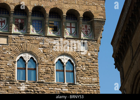 Detail des Palazzo Vecchio auf der Piazza della Signoria, Florenz, Italien Stockfoto