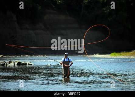 ein Lachs Angler bereitet sich auf eine Linie in einem gut aussehenden Pool auf einem schottischen Fluss geworfen Stockfoto