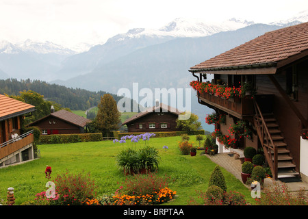 Schweizer Häuser in Beatenberg Berner Oberland Schweiz mit Blick in den Schweizer Alpen und Seen Stockfoto